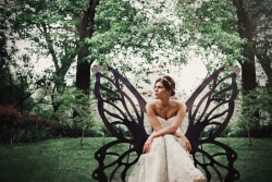 Bride Sitting On Butterfly Bench Fort Worth Gardens